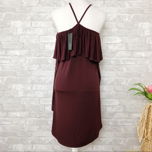 NWT CHASER Brown Off the Shoulder w/ V-Halter Neckline Long Sleeve Mini Dress M - Picture 3 of 13